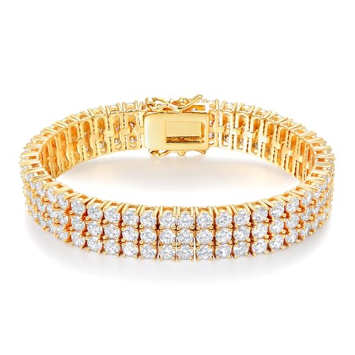 2 Rows Tennis Bracelets for Women Men - 18K Yellow Gold Plated 3mm Round Cut Cubic Zirconia Classic Tennis Bracelet, Size 6.5-8.5 Inch - color: Gold - 3 Rows, size: 8 inch