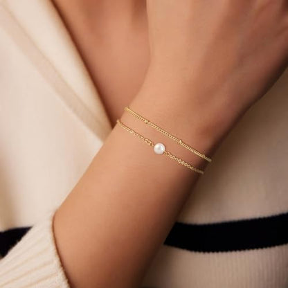 Cuzmly Bracelets for Women, Waterproof 14K Gold/Silver Plated Stackable Bracelets for Women Non Tarnish Trendy Dainty Paperclip Figaro Box Herringbone Hand Chain Bracelet Pack Stack Adjustable Jewelry for Women - style: 2 Single Pearl