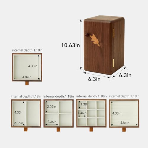 Black Walnut Solid Wood Cabinet Jewelry Box, Large | Women, Velvet Lined Organizer, 6 Drawers, Cherry Wood Cat Inlays, Rosewood Handles - size: cat
