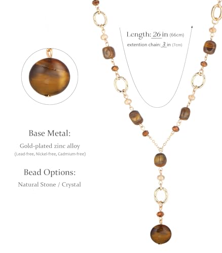 FULU AUTUMN Long Gold Beaded Necklaces for Women Natural Stone Bead Statement Pendant Necklace Y Sweater Chain Fashion Jewelry Gifts - color: Tiger's Eye