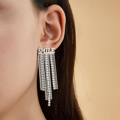 Long Tassel Dangle Drop Earrings, Silver/Gold Cz Chain Earrings for Women Fringe Geometric Bar Drop Formal Earrings Prom Party Lightweight Jewelry Gifts - color: I