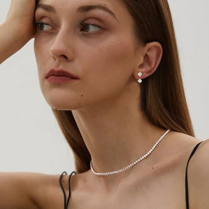 Luxval Tennis Necklace Set for Women Tennis Bracelets Diamond Earrings Sterling Silver Necklace Wedding Jewelry for Bride Silver Jewelry Sets for Women Gift - color: Silver-CZ 3pcs