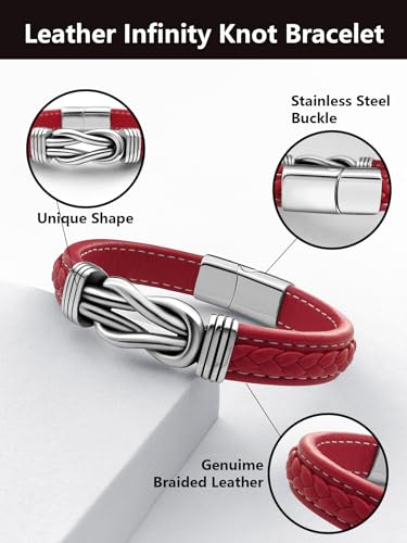 Mens Black Braided Leather Bracelet, Green/Red/Brown/Black Braided Leather Infinity Knot Bracelets for Men with Stainless Steel Clasp, 7.5/8.5/9in Length - color: 05-Red