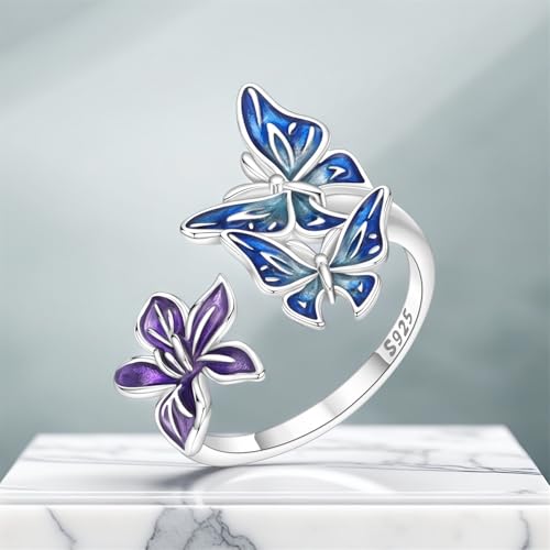 Rings for Women Butterfly Ring 925 Sterling Silver Rings Adjustable Promise Open Ring for Women Couple Wedding Engagement Jewelry Gifts - style: Butterfly Flower Open Ring