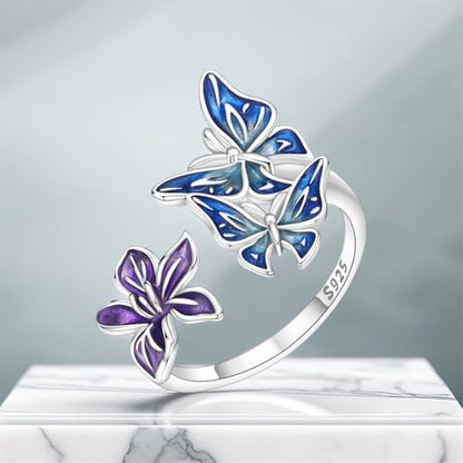 Rings for Women Butterfly Ring 925 Sterling Silver Rings Adjustable Promise Open Ring for Women Couple Wedding Engagement Jewelry Gifts - style: Butterfly Flower Open Ring