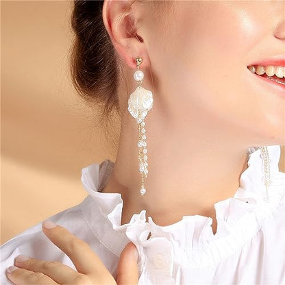 Seashell Pearl Stud Earrings for Women Ocean Sea Theme Sweet Double Layer Acrylic Shell Lightweight Dangle Drop Earrings for Summer Beach Holiday Halloween Party Jewelry Accessories - color: Long pearl shell earrings
