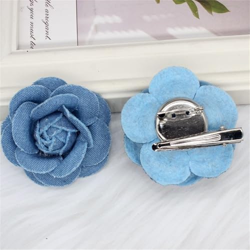 Dreuyet 10 PCS Denim Fabric Flower Brooch Pins with Hair Clips Denim Ribbon Fabric Camellia Flowers Corsage Pin Clip Sweater Coat Dress Suit Backpack Clothes Accessories