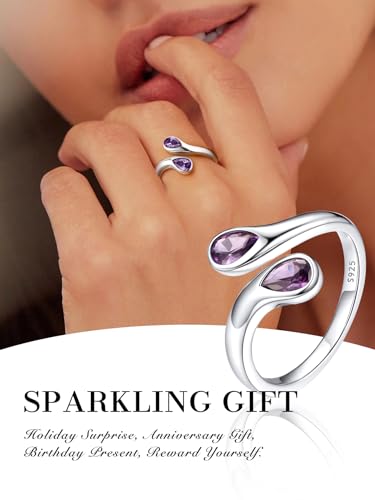 Bestyle Silver Birthstone Ring for Women, Dainty Sterling Silver Teardrop Ring Open Adjustable Band Ring, Love Statement TOI et Moi Ring Promise Ring for Her - color: 02.February ( Amethyst)