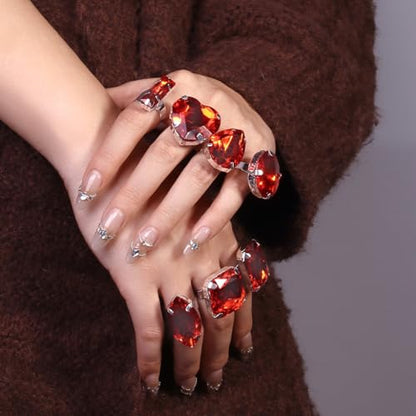 FUTIMELY 7Pcs Exaggerated Chunky Large Rhinestone Ring Set,Glitter Heart Square Oval Teardrop Knuckle Rings,Unique Red Crystal Open Rings Pack Cocktail Jewelry - color: Red