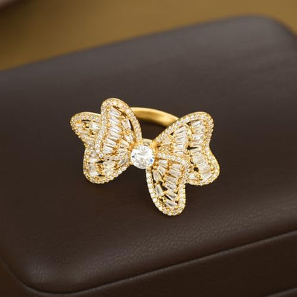 Luxury Rhinestone Bowknot Open Ring For Women Gold Silver Plated Adjustable Sparkly CZ Crystal Butterfly Finger Band Statement Bow Tie Ribbon Rings Fashion Shiny Wedding Promise Cocktail Jewelry For Her Gifts - color: Gold