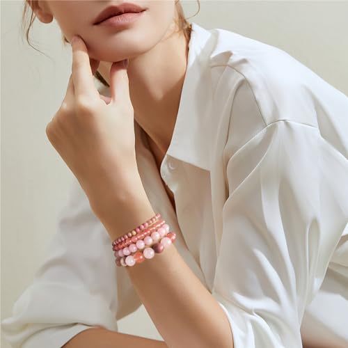 Vinswet 4pcs Beaded Bracelets for Women,Natural Healing Crystal Gemstones Bracelet,Anxiety Stress Relief Bracelet Handmade purple Jewelry Gifts for Women - color: Rhodochrosite&Watermelon crysta&Rose Quartz