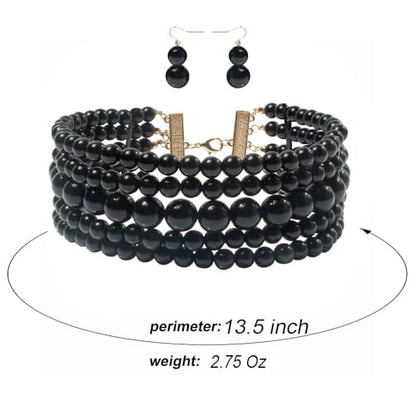 KOSMOS-LI Fashion Simulate Pearl Choker Necklace With Earrings Set - color: Black