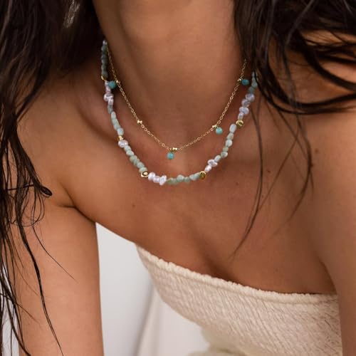 KissYan Beaded Necklaces for Women, Layered Pendant Choker for Summer | Stackable Colorful Natural Gemstone Handmade Beach Charm Chain Valentine's Jewelry Gifts For Girlfriend Wife Lover - style: Beads