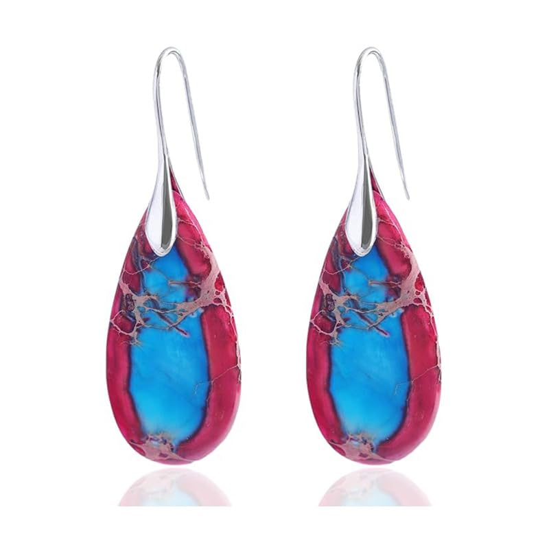 Boho Natural Imperial Jasper Teardrop Dangle Earrings for Women – Hypoallergenic French Hook Stone Drop Earrings Jewelry - color: Red Silvery Hook #2