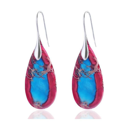 Boho Natural Imperial Jasper Teardrop Dangle Earrings for Women – Hypoallergenic French Hook Stone Drop Earrings Jewelry - color: Red Silvery Hook #2