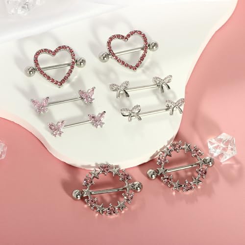 Suotarn 14G INNINipple Rings for Women 316L Stainless Steel Heart Cherry,Star Butterfly Nipple Barbell CZ Cute Nipple Rings Set Nipplerings Piercing Jewelry - color: pink