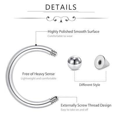 D.Bella 16G 14G Horseshoe Rings Surgical Steel Nose Septum Horseshoe Hoop Earring Eyebrow Tragus Lip Rings Daith Helix Piercing Jewelry for Women Men 6-12mm Smily Piercing Jewelry - color: 16g-silver-black