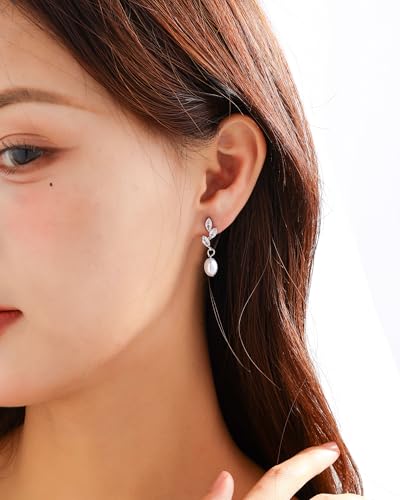 Pearl Earrings for Women, 14k Gold Plated Trendy Diamond Pearl Drop Earrings Bridal Shower Gifts Wedding jewelry for Women - color: Style C Silver