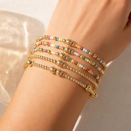 Stack Small Seed Bead Bracelets Set for Women, Boho Handmade Colorful Stretch Accessories Jewelry, Summer Beach Daily Wear Holiday Friendship Gift - color: Rainbow