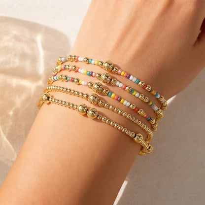 14K Gold Plated Beaded Bracelets Stack Set for Women,Stretch Boho Ball Jewelry Friendship Trendy - color: Colorful Pink