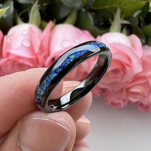 TUTISS 4mm Silver/Black Tungsten Rings for Women Men Engagement Wedding Bands Genuine Blue Green Galaxy Opal Inlay Domed Polished Comfort Fit - color: 4mm Black Tungsten Blue Galaxy Opal