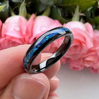 TUTISS 4mm Silver/Black Tungsten Rings for Women Men Engagement Wedding Bands Genuine Blue Green Galaxy Opal Inlay Domed Polished Comfort Fit - color: 4mm Black Tungsten Blue Galaxy Opal
