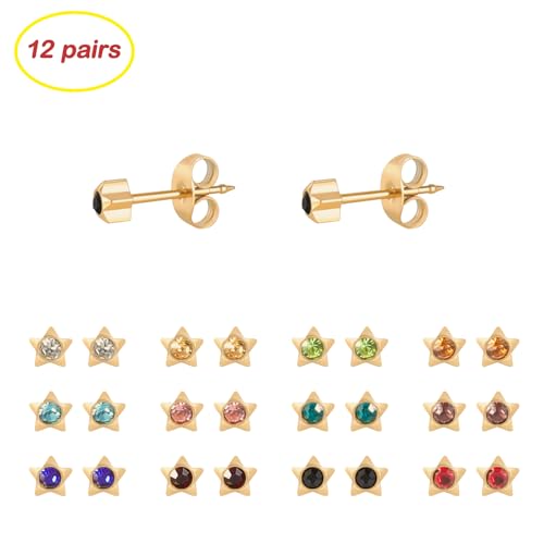 12 Pairs Ear Piercing Stud Earrings for Ear Piercing Guns, Surgical Stainless Steel Multicolor Round Heart Star Cubic Zirconia Birthstone Stud Earrings Set - style: Gold star 4mm