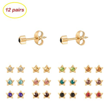 12 Pairs Ear Piercing Stud Earrings for Ear Piercing Guns, Surgical Stainless Steel Multicolor Round Heart Star Cubic Zirconia Birthstone Stud Earrings Set - style: Gold star 4mm