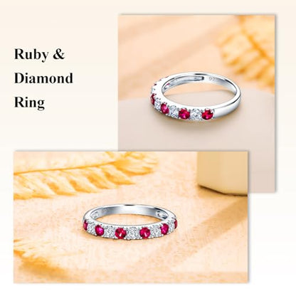 Bezel Set Birthstone Wedding Band 14K Gold Sterling Silver Stackable Half Eternity Band Rings 2.5mm Wide Ruby/Amethyst/Sapphire/Emerald Green/Aquamarine Ring for Women, Send Gift Box - style: 07-Created Ruby & CZ