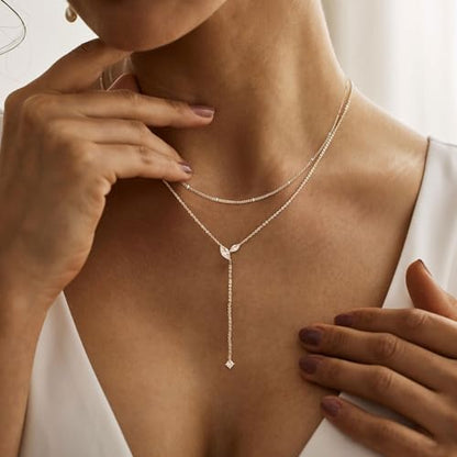 Gold Necklace for Women - Dainty Long Lariat Necklace 14K Gold Plated Clover Star Teardrop CZ Y Shaped Drop Necklaces Cute Long Necklaces for Women Trendy Prom Formal Womens Jewelry - color: Silver-Layered PJ Drop