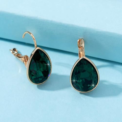Austrian Crystal Teardrop Leverback Drop Earrings for Women | 14K Gold-Plated Finish, Sparkling Pear Stone, Smooth Bezel Frame, Secure Leverback Closure, Dainty Day-To-Evening Style - color: Emerald