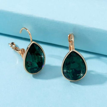 Austrian Crystal Teardrop Leverback Drop Earrings for Women | 14K Gold-Plated Finish, Sparkling Pear Stone, Smooth Bezel Frame, Secure Leverback Closure, Dainty Day-To-Evening Style - color: Emerald