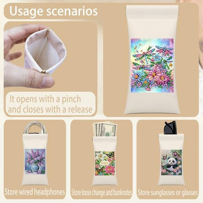 Diamond Art Painting Eye Glass Bag PU Sunglasses Glasses Storage Bag Built-in Glasses Cloth Press Automatic Closure - color: Dragonfly
