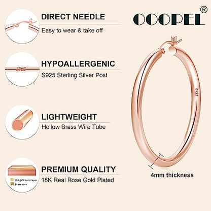 4mm Thick Gold Chunky Earrings Steling Silver Post Hoops Earrings For Women Hollow Tube Hoops Earrings Thick Gold Hoop Earrings Hypoallergenic Lightweight Gold Hoop Large Earrings 20/30/40/50/60MM - color: Rose gold,40mm