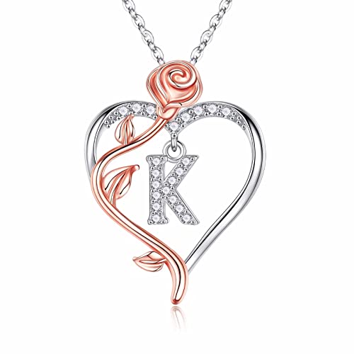 Iefil Rose Heart Initial Necklace, Anniversary Birthday Gifts for Women | Gift Box Packaging, 925 Sterling Silver, Jewelry Gift for Her Wife Mom Girlfriend, Initial A-Z, 19+2inches - color: IEFIL Jewelry Box, style: K