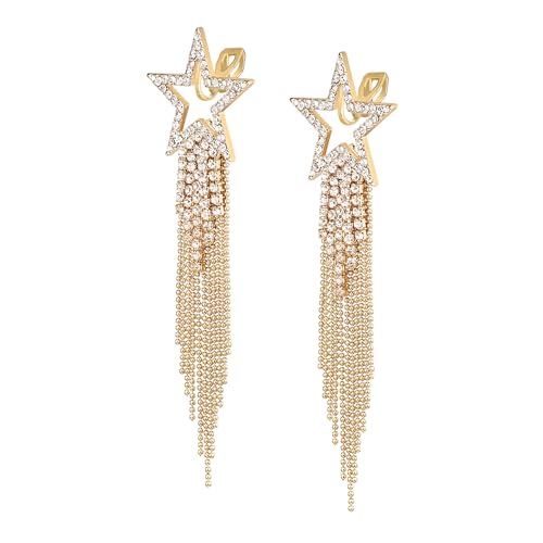 EVER FAITH Crystal Long Waterfall Star Tassel Clip-on Earrings for Women | Rhinestone Beaded Fringe Chandelier Dangle Statement Earring, Wedding Party Jewelry - color: Clear Gold-Tone