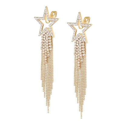 EVER FAITH Crystal Long Waterfall Star Tassel Clip-on Earrings for Women | Rhinestone Beaded Fringe Chandelier Dangle Statement Earring, Wedding Party Jewelry - color: Clear Gold-Tone