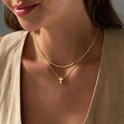 Cross Necklace for Women Dainty Small Cross Pendant Choker 14K Gold Plated Simple Trendy Cute Cross Charm Chain Necklace Easter Baptism Religious Faith Jewelry Gift - color: Layer Cross-GD
