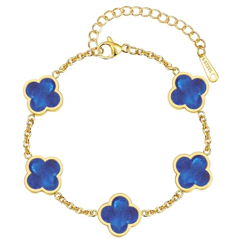 Four Leaf Clover Bracelet for Women 18K Gold Plated Stainless Steel 4 Leaf Link Chain Adjustable Bracelets Lucky Gift for Women/White/Black/Rich Red/Emerald Green/ Navy Blue/Pink Bracelets - color: Blue/Gold