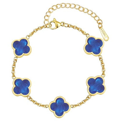 Four Leaf Clover Bracelet for Women 18K Gold Plated Stainless Steel 4 Leaf Link Chain Adjustable Bracelets Lucky Gift for Women/White/Black/Rich Red/Emerald Green/ Navy Blue/Pink Bracelets - color: Blue/Gold