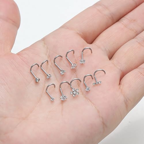 12Pcs Nose Rings Studs 20G Stainless Steel L Screw Bone Shaped Nostril Piercing Triangle Flower Square Heart Pentagram Round CZ Nose Stud Piercing Jewelry for Women Men Silver Tone - style: cool