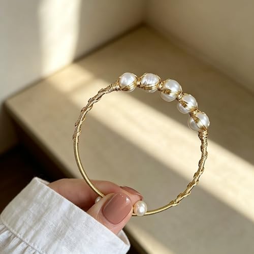 Handcrafted Natural Freshwater Baroque Pearl Bracelet,Winding Design,Opening Adjustable,14k Gold Plated Material
