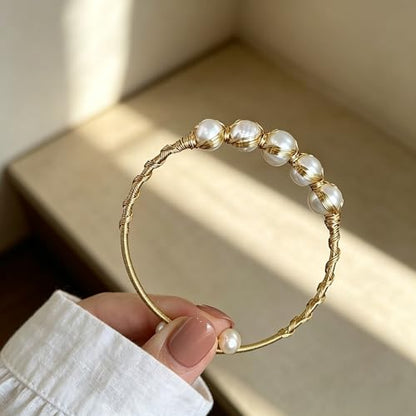 Handcrafted Natural Freshwater Baroque Pearl Bracelet,Winding Design,Opening Adjustable,14k Gold Plated Material