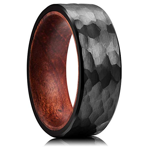King Will Hammered 8mm Silver Tungsten Ring Hammer Men Wedding Band Comfort Fit - color: wood-black