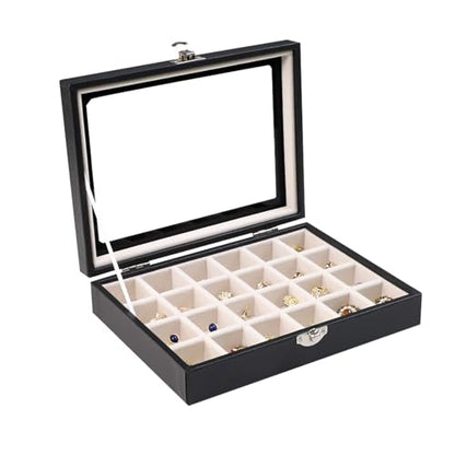Wudygirl 24 Grid Earring Organizer Small Jewelry Box with Lid BlackBeige | Ring Box with Adjustable Dividers, Velvet Lining, Ideal for Rings, Earrings, Jewelry Display, Gift Giving - style: Black Beige 24 Grid