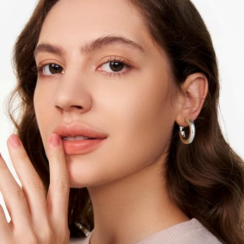 SHOWNII Chunky Gold Hoop Earrings - 14K Gold Plated Earrings for Women Hollow Tube Lightweight Thick Hoops 20/25/30/40mm Valentines Graduation Mother's Day Birthday Gifts - color: 25 Millimeters-White Gold Plated