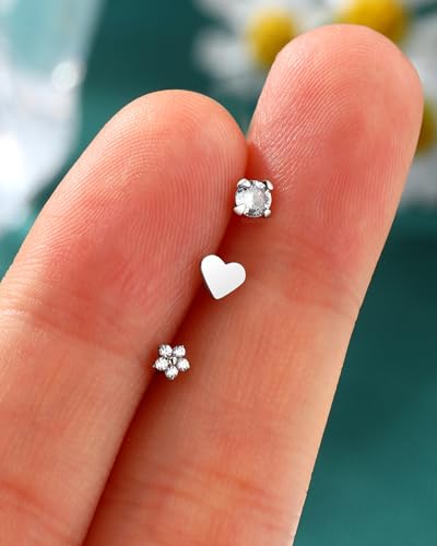 3PCS Titanium Flower Nose Rings Studs 20G, 6.5mm L-Shaped Nose Piercing Jewelry Set - Hypoallergenic Surgical Steel Heart L Bend Nostril Stud for Women Men - color: 3PCS-Silver