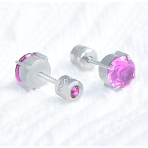 Titanium Flat Back Surgical Stainless Steel Stud Earrings for Women Men,Birthstone Stud Earrings Hypoallergenic Double Side 5A Cubic Zirconia Studs Jewelry 6mm - color: Silvery-Rose Red CZ