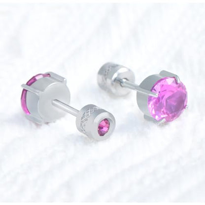 Titanium Flat Back Surgical Stainless Steel Stud Earrings for Women Men,Birthstone Stud Earrings Hypoallergenic Double Side 5A Cubic Zirconia Studs Jewelry 6mm - color: Silvery-Rose Red CZ