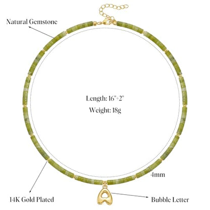 KELORIS PATH Beaded Initial Necklace for Women, 14K Gilded Plated Bubble Letter Pendant Natural Handmade Stone Choker Boho Colorful Summer Beach Jewelry Gift - color: Green Aventurine, style: Letter G